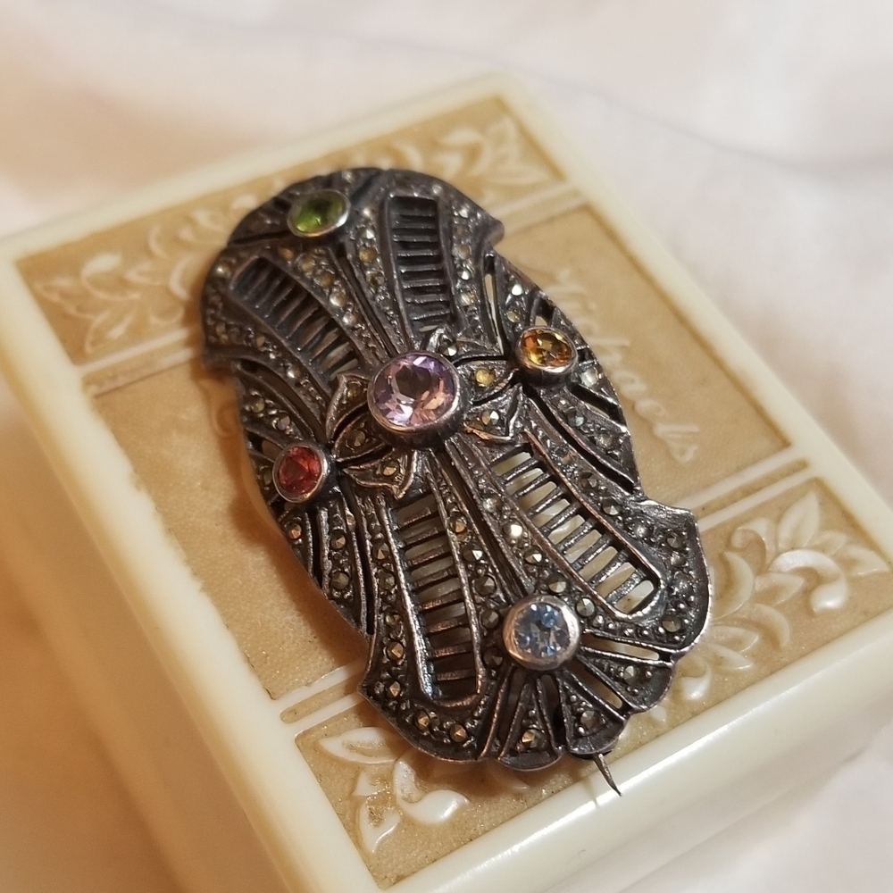 1930s Deco Sterling Filigree Gemmed Brooch - Picture 3 of 6